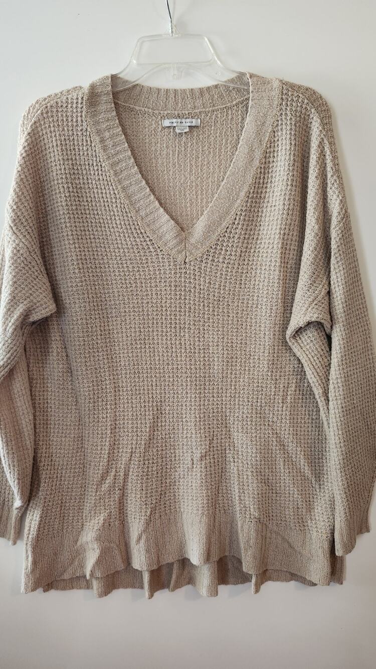American Eagle Waffle Knit V Neck Sweater Beige Pullover Casual Women's XS #421